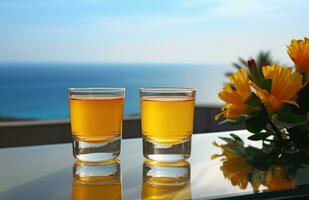 ai gegenereerd drinken schoten twee drankjes in drinken bril met bloemen Aan een balkon met uitzicht een strand foto