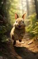 ai gegenereerd schattig weinig konijn rennen naar beneden een pad in de bossen, foto