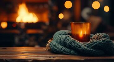 ai gegenereerd kop van koffie en gebreid sjaal Aan een houten tafel in in de buurt voorkant van haard Bij winter foto