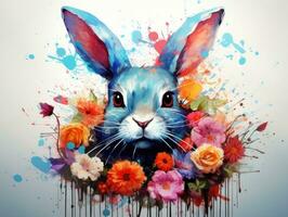 ai gegenereerd een waterverf illustratie van een konijn met gekleurde spetters Aan het foto