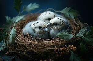 ai gegenereerd een nest met drie eieren en een weinig veren foto