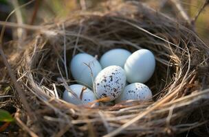 ai gegenereerd een wit vogel kip nest heeft 2 eieren met veren in het foto