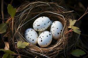 ai gegenereerd een wit vogel kip nest heeft 2 eieren met veren in het foto