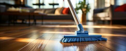 ai gegenereerd blauw ruitenwissers in voorkant van bezem Aan hardhout verdieping in leven kamer foto