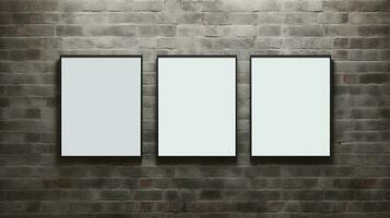 ai gegenereerd generatief ai, reeks van drie posters bespotten omhoog, blanco minimalistisch achtergrond, artwork sjabloon foto