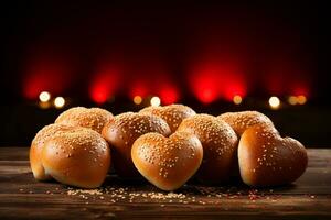 ai gegenereerd gist zoet broodjes in de vorm van een hart Aan bakken dienblad foto