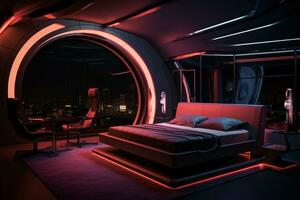 ai gegenereerd futuristische slaapkamer, luxueus kamer met ronde vormen en zacht licht, foto