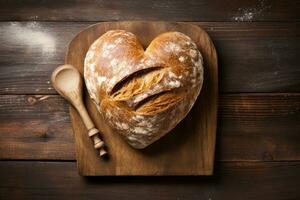 ai gegenereerd zoet taart in de vorm van een hart Aan een houten achtergrond foto