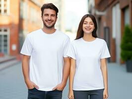ai gegenereerd een paar vriendje en vriendin vervelend blanco wit bij elkaar passen t-shirts mockup voor ontwerp sjabloon foto