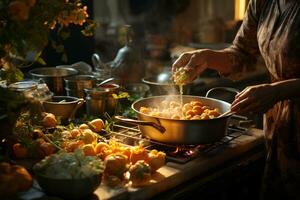 ai gegenereerd vrouw met schort Koken, framing dichtbij omhoog schot van braadpan foto