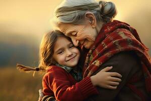 ai gegenereerd gelukkig oud grootmoeder knuffelen weinig kleinkind foto