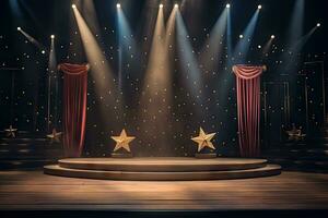 ai gegenereerd presentatie backdrop met Scherm podium onder schijnwerpers foto