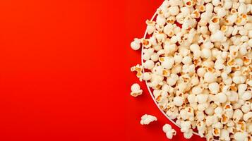 ai gegenereerd popcorn verspreide Aan een rood achtergrond. een klassiek film theater tussendoortje. visie van bovenstaande. foto