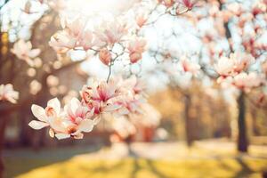 perfect romantisch pastel gekleurde natuur achtergrond voor voorjaar of zomer achtergrond. roze magnolia bloemen en zacht blauw lucht net zo ontspannende humeurig detailopname foto