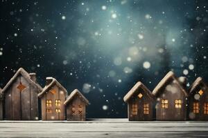 ai gegenereerd Kerstmis en nieuw jaar achtergrond met houten huizen en vallend sneeuwvlokken foto