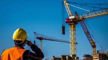 ai gegenereerd arbeider staand in voorkant van bouw plaats foto