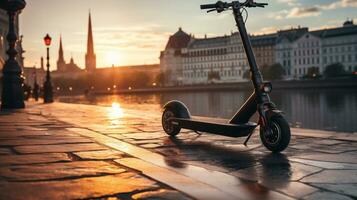 ai gegenereerd elektrisch scooter in de stad Bij zonsondergang. de concept van ecologisch vervoer. foto