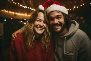 ai gegenereerd portret van gelukkig jong paar in de kerstman hoeden omarmen elk andere Bij Kerstmis foto