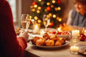 ai gegenereerd kom met smakelijk traditioneel yorkshire pudding Aan tafel in kamer versierd voor Kerstmis foto