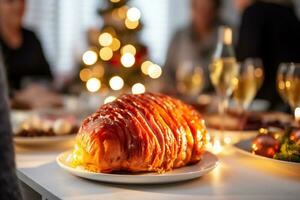 ai gegenereerd detailopname van een stuk van Kerstmis ham Aan een feestelijk tafel foto