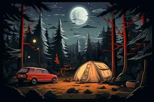 ai gegenereerd camping Bij nacht in de Woud met een rood auto. vector illustratie, avontuur, tenten en auto's in de park Woud, ai gegenereerd foto