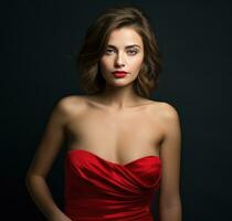 ai gegenereerd vrouw poses in een strapless rood avond gewaad, foto