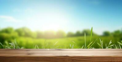 ai gegenereerd houten teller met gras in de achtergrond met zon en blauw lucht, foto