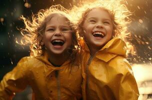 ai gegenereerd twee jong meisjes spelen in regenen, foto