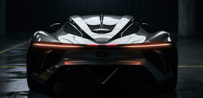 ai gegenereerd de achterzijde van een futuristische sport- auto is getoond in de donker, foto