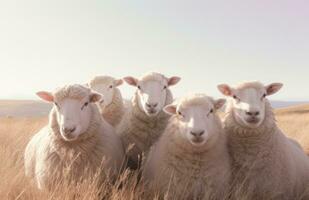 ai gegenereerd zes schapen zittend samen in een veld, foto