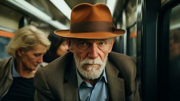 ai gegenereerd oud mannen Aan een trein en hoeden Aan hun hoofd foto