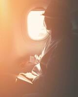 dichtbij omhoog silhouet van Kaukasisch vrouw passagier kijken naar venster zitten Aan stoel Aan vliegend reclame vliegtuig. passagier Aan de vlak naast rusten de venster genieten reizen houden paspoort foto