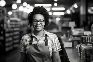 ai gegenereerd portret van jong mooi Afrikaanse Amerikaans vrouw werken in een koffie winkel, een vrouw op te slaan arbeider glimlacht, ai gegenereerd foto