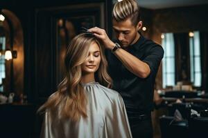 ai gegenereerd kapper snijdend haar- van jong vrouw in schoonheid salon, een professioneel kapper vakkundig snijdend de haar- van een jong vrouw in een schoonheid salon, ai gegenereerd foto