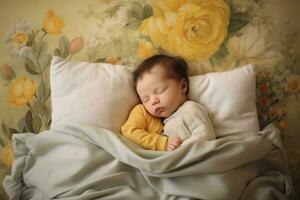 ai gegenereerd pasgeboren baby slapen in een bed met een geel deken Aan een bloemen achtergrond, een pasgeboren baby slapen Aan een wit bed, ai gegenereerd foto