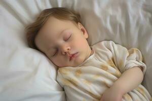 ai gegenereerd portret van een slapen baby jongen Aan een wit bed. top visie, een pasgeboren baby slapen Aan een wit bed, ai gegenereerd foto