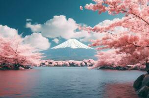 ai gegenereerd Japans kers bloesems over- meer fuji en wolken, foto