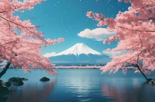 ai gegenereerd Japans kers bloesems over- meer fuji en wolken, foto