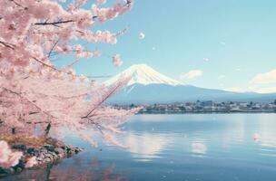 ai gegenereerd Japans kers bloesems over- meer fuji en wolken, foto