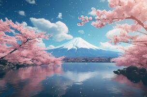 ai gegenereerd Japans kers bloesems over- meer fuji en wolken, foto