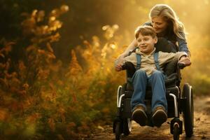 ai gegenereerd moeder en zoon in een rolstoel in de herfst Woud. selectief focus, een moeder met een arbeidsongeschikt jongen in een rolstoel wandelen in natuur, ai gegenereerd foto