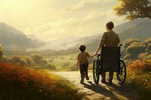 ai gegenereerd silhouet van gehandicapt Mens en zijn zoon wandelen in de veld, een moeder met een arbeidsongeschikt jongen in een rolstoel wandelen in natuur, ai gegenereerd foto