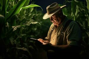ai gegenereerd portret van senior boer gebruik makend van tablet computer in maïs veld- Bij nacht, een modern boer in een maïs veld- gebruik makend van een digitaal tablet, ai gegenereerd foto