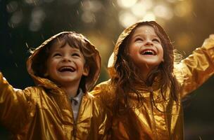 ai gegenereerd kinderen in regenjassen genieten van zich, foto