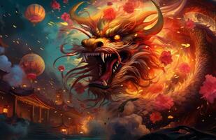 ai gegenereerd Chinese draak en rood lantaarns met vuurwerk in de achtergrond, foto
