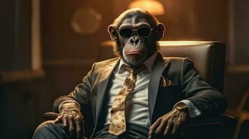 ai gegenereerd chimpansee in zonnebril gekleed in een pak gezeten in een stoel, foto