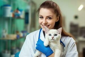 ai gegenereerd dierenarts Holding een kat in zijn handen. huisdier zorg, een mooi vrouw dierenarts verpleegster dokter onderzoeken een schattig gelukkig kat, ai gegenereerd foto