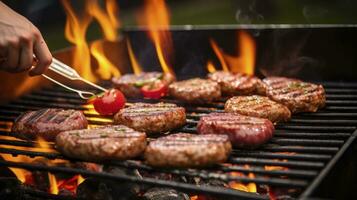 ai gegenereerd rundvlees hamburgers Koken Aan een barbecue foto