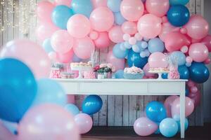 ai gegenereerd verjaardag taart met kleurrijk ballonnen Aan houten achtergrond. verjaardag partij, een kleurrijk geslacht onthullen met roze en blauw ballonnen Aan een tafel, ai gegenereerd foto