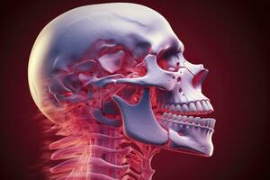 ai gegenereerd menselijk skelet anatomie met gemarkeerd schedel, 3d veroorzaken, medisch illustratie, 3d medisch illustratie van een man's schedel en cervicaal ruggengraat, kaak pijn, ai gegenereerd foto